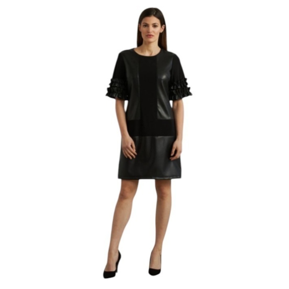 Joseph Ribkoff Dress, Size 12, Black Faux Leather Mixed Media Ruffle Sleeves NEW